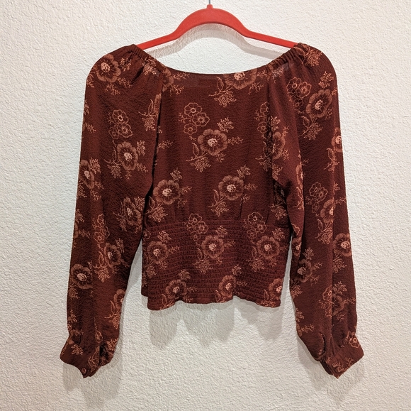 Madewell Floral Button Front Long Sleeve Crop Top Brown Boho Blouse Size Small - Picture 8 of 12